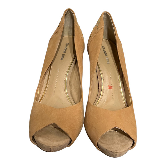 Gianni Bini Brown Suede Leather Gold Studded Peep Toe Platform Stiletto Heels 10 - Picture 3 of 6